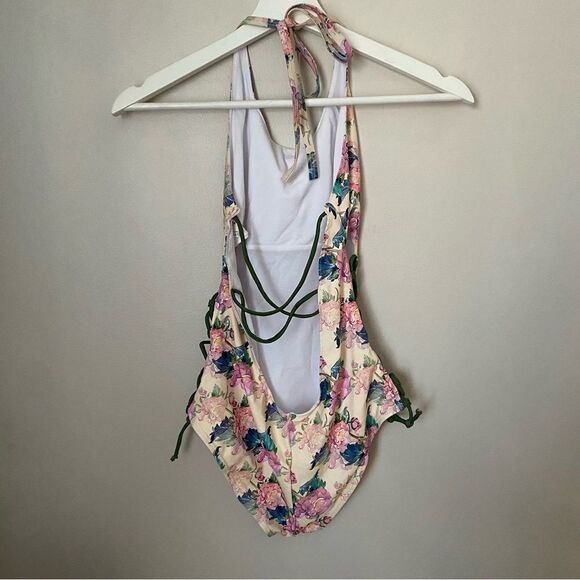 Military Hippie Bathing Suit One Piece Lace Up Sides Open Back Floral Print - Picture 5 of 8